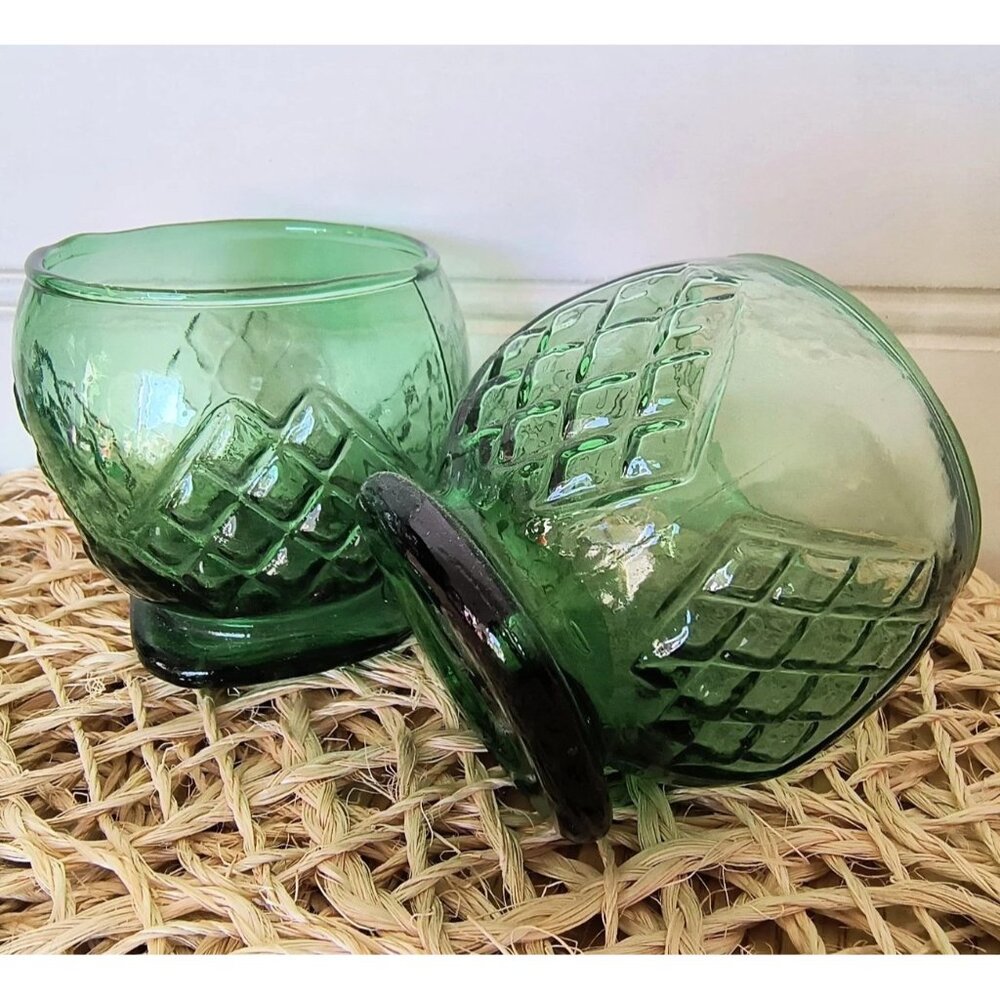 SET/2 Green Aperitif Glasses, Hand Blown Diamond Point Pattern, 2.5oz., EUC